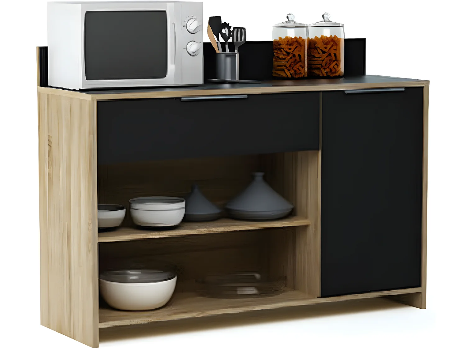 Meuble desserte en bois 1 porte, 1 tiroir et 2 niches, L123 x H85 x P40 cm