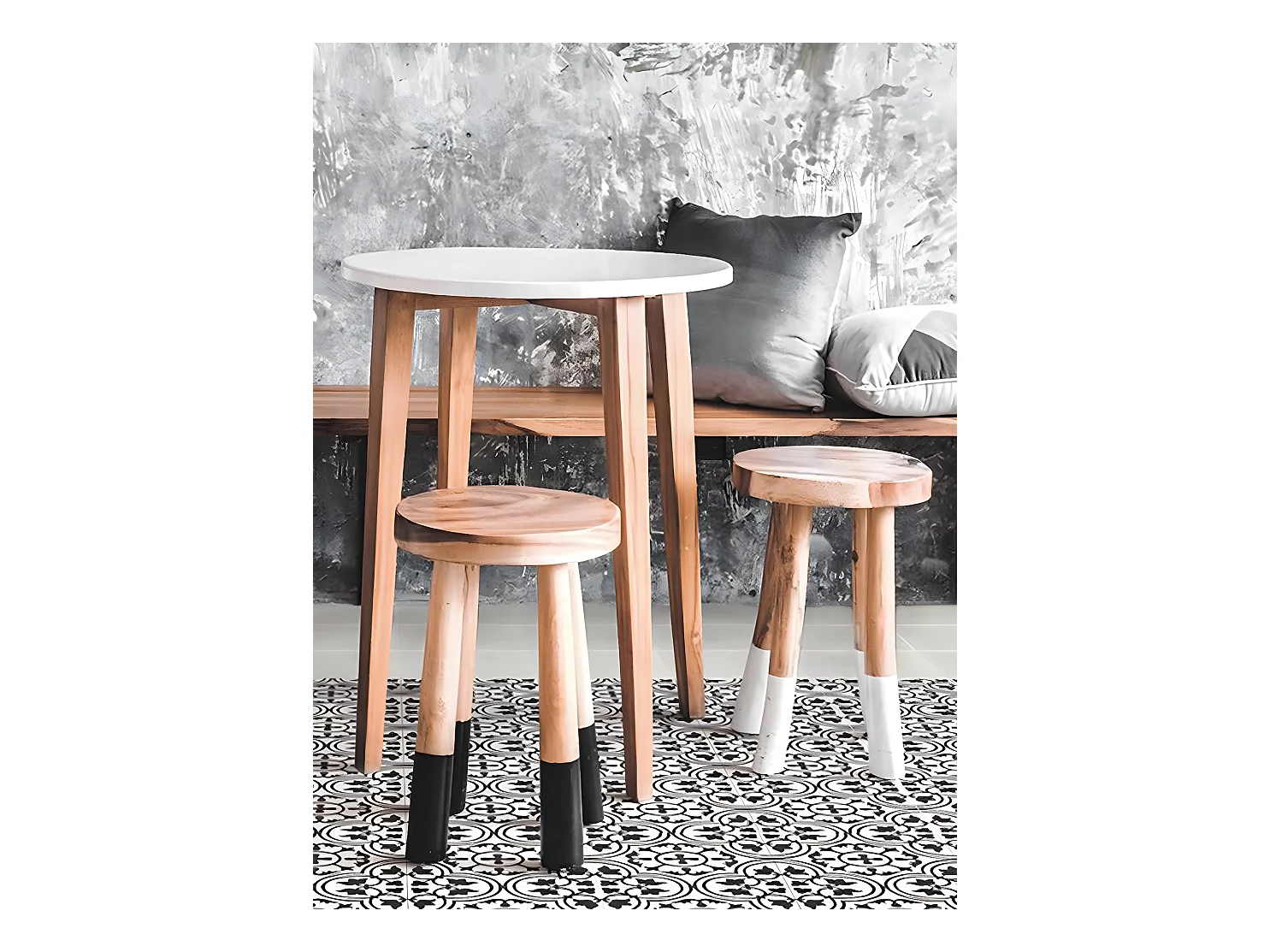 4 Carreaux de ciment véritable 0,16m2 / Carreaux de ciment artisanaux pour sol et mur coloris noir/blanc - l.20 x L.20 cm