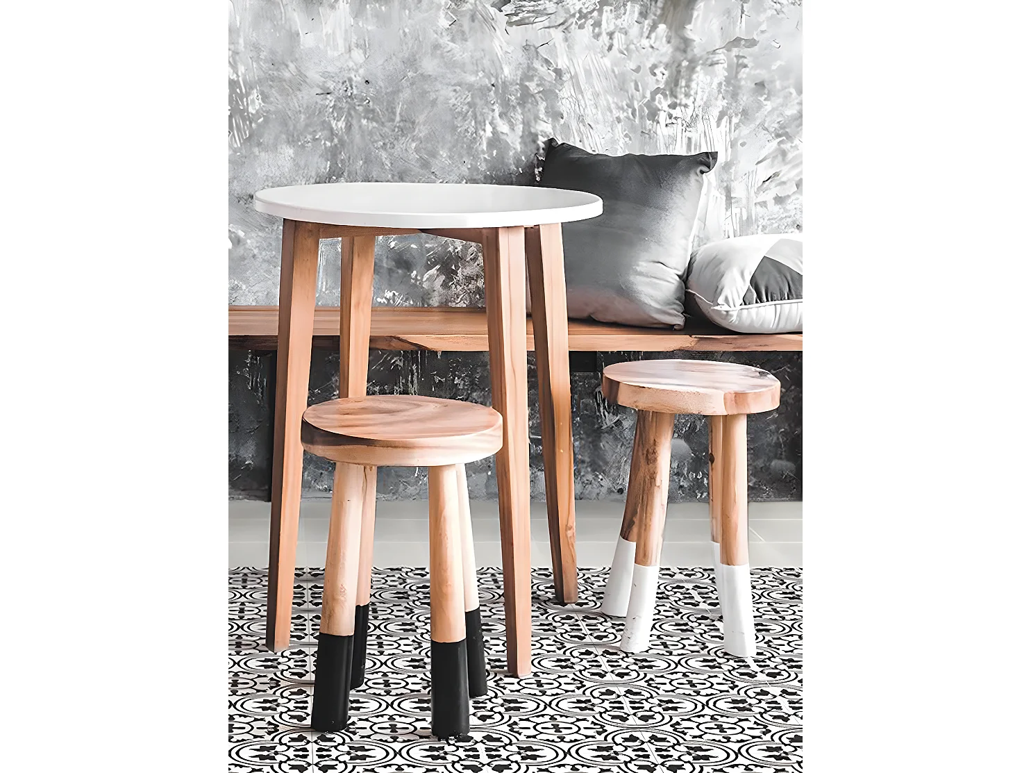 4 Carreaux de ciment véritable 0,16m2 / Carreaux de ciment artisanaux pour sol et mur coloris noir/blanc - l.20 x L.20 cm