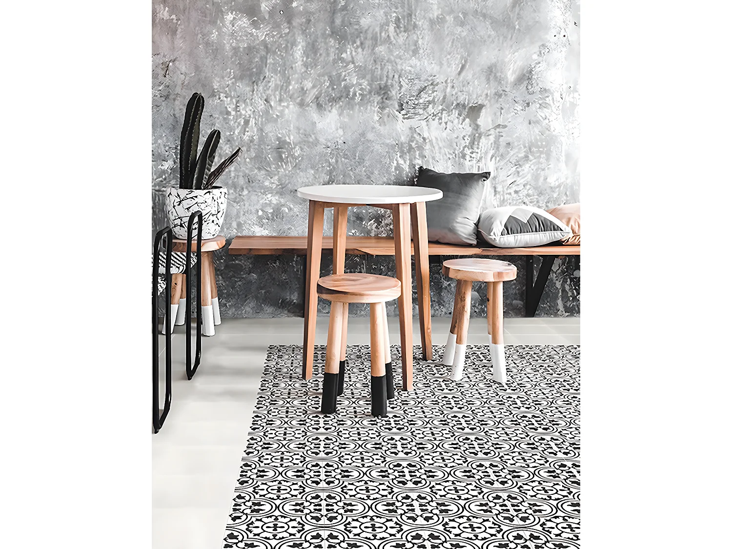 4 Carreaux de ciment véritable 0,16m2 / Carreaux de ciment artisanaux pour sol et mur coloris noir/blanc - l.20 x L.20 cm