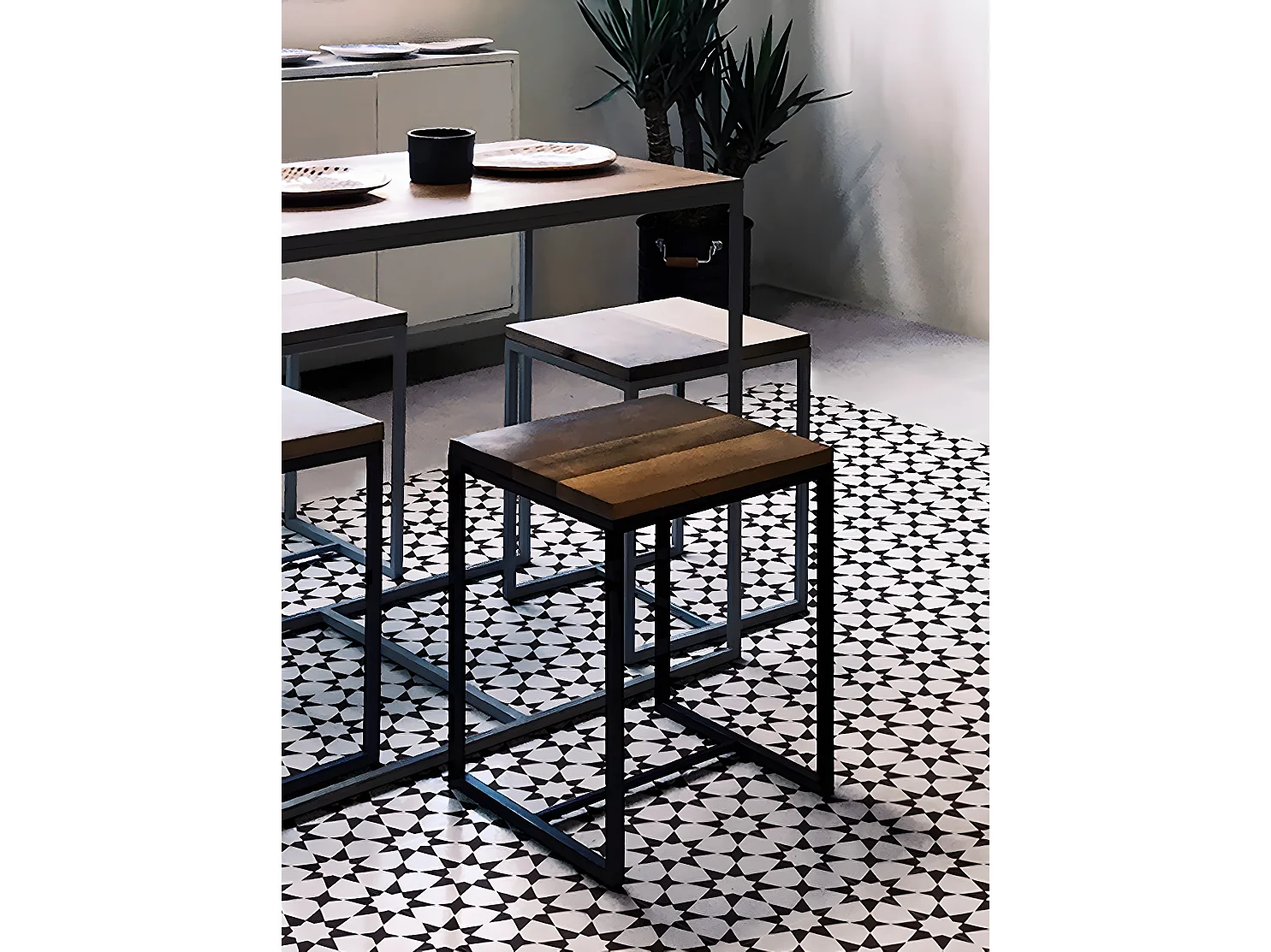 4 Carreaux de ciment véritable 0,16m2 / Carreaux de ciment artisanaux pour sol et mur coloris noir / blanc - l.20 x L.20 cm