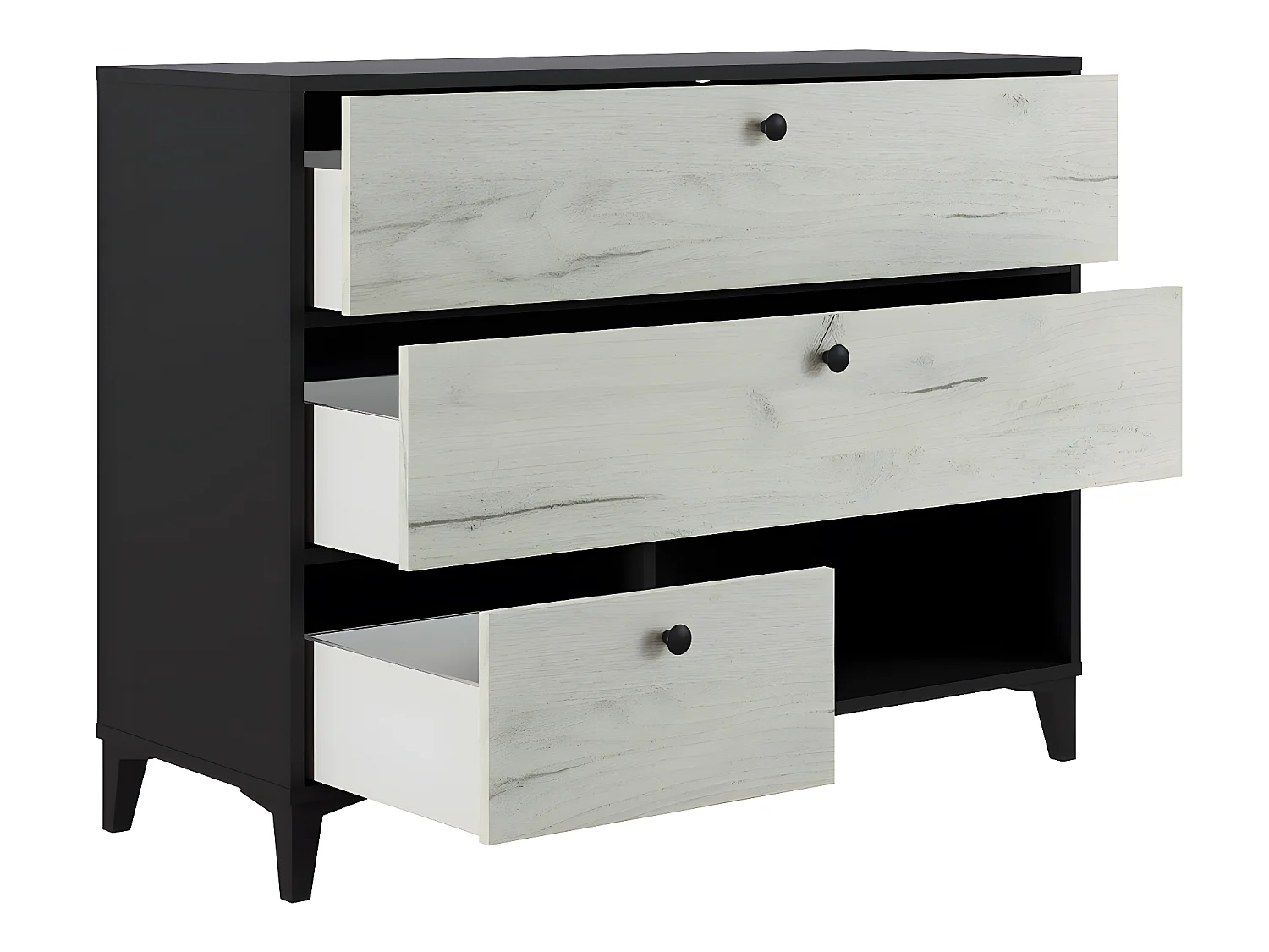Commode en mélamine avec 3 tiroirs coloris noir et blanc - longueur 110 x largeur 40 x hauteur 84 cm