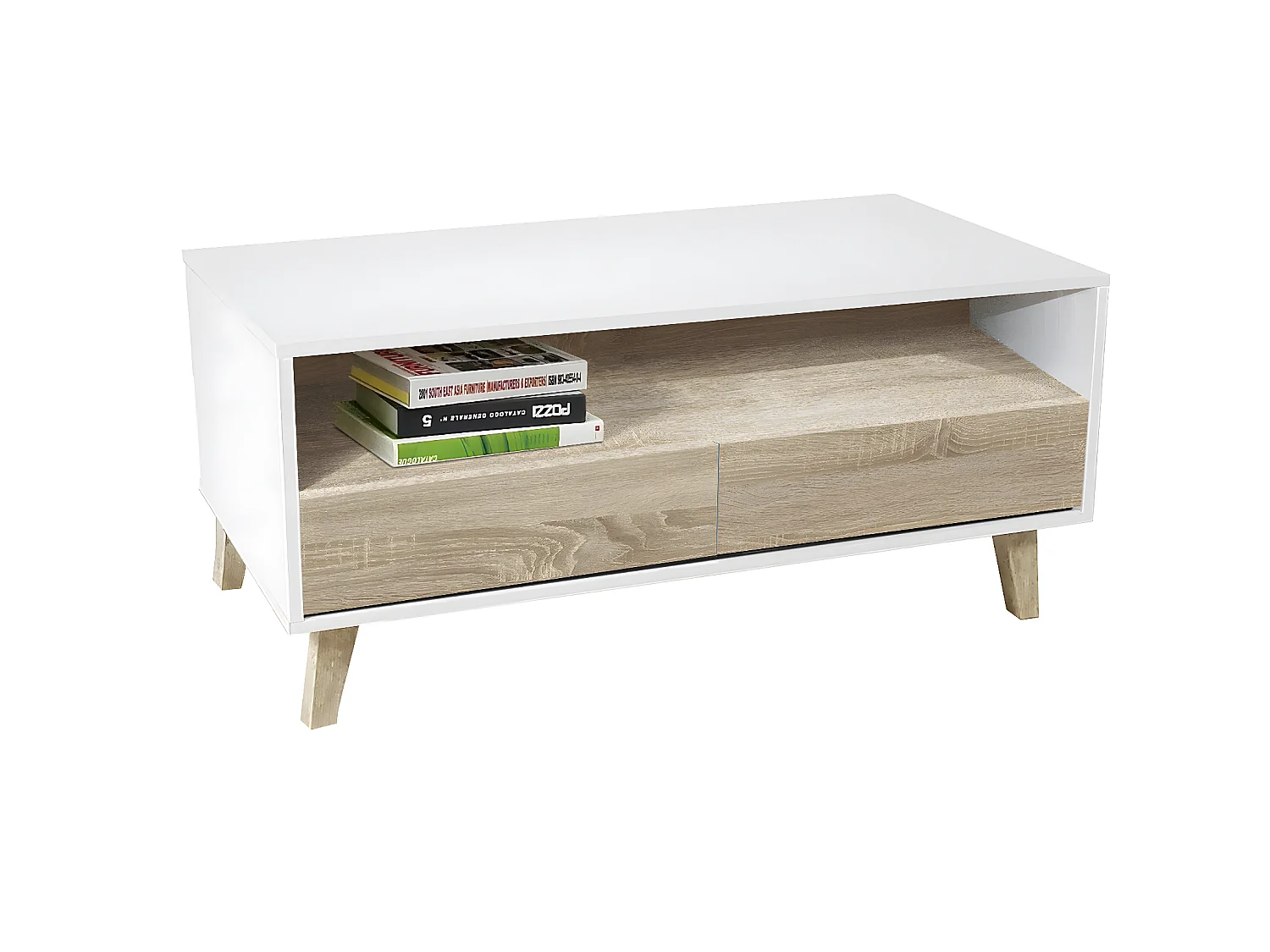 Table basse de 2 tiroirs avec pieds coloris Blanc / Chêne Cambrian - longueur 103 x profondeur 51 x hauteur 41 cm
