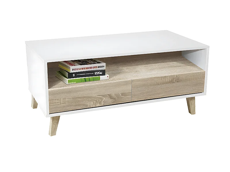 Table basse de 2 tiroirs avec pieds coloris Blanc / Chêne Cambrian - longueur 103 x profondeur 51 x hauteur 41 cm