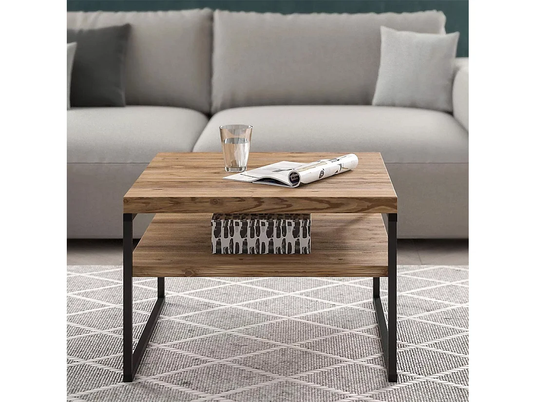 Table basse ZOLA – Carrée 65x65 cm – Coloris épicéa et noir – Style industriel