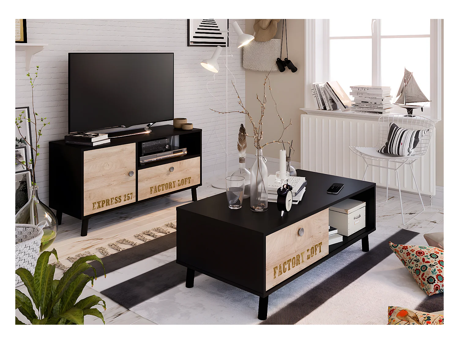 Table basse en mélamine coloris marron / noir - Longueur 110 x profondeur 55 x hauteur 40 cm