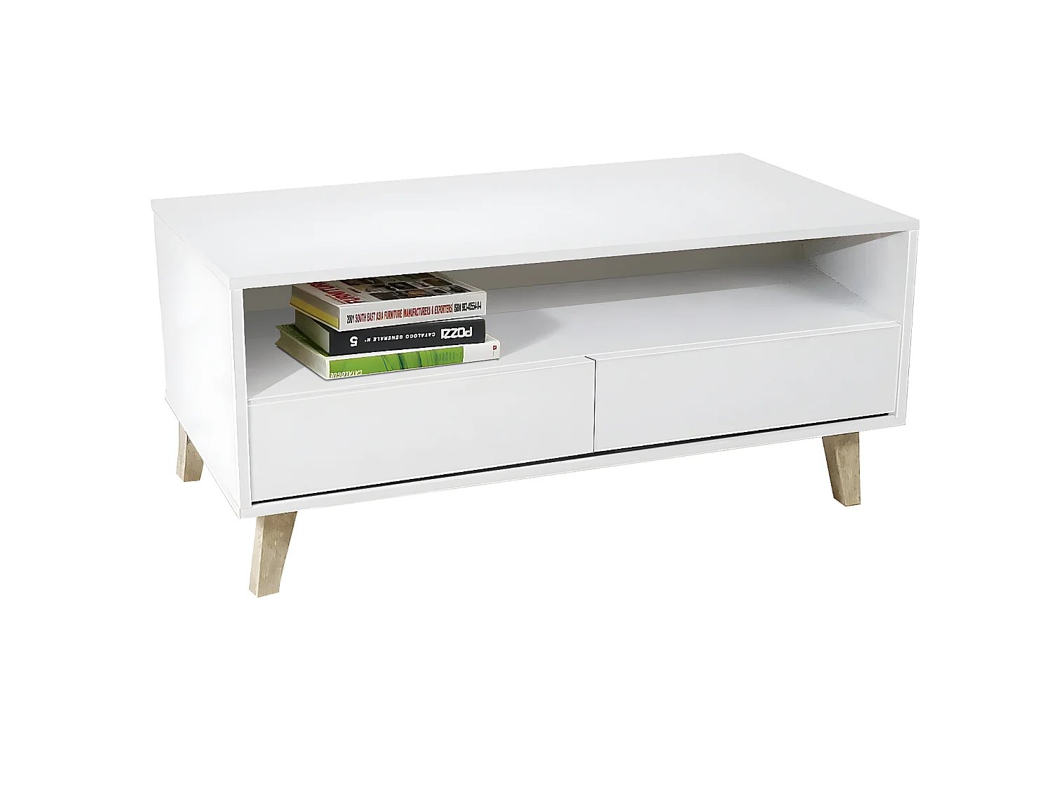 Table basse de 2 tiroirs avec pieds coloris blanc - longueur 103 x profondeur 51 x hauteur 41 cm