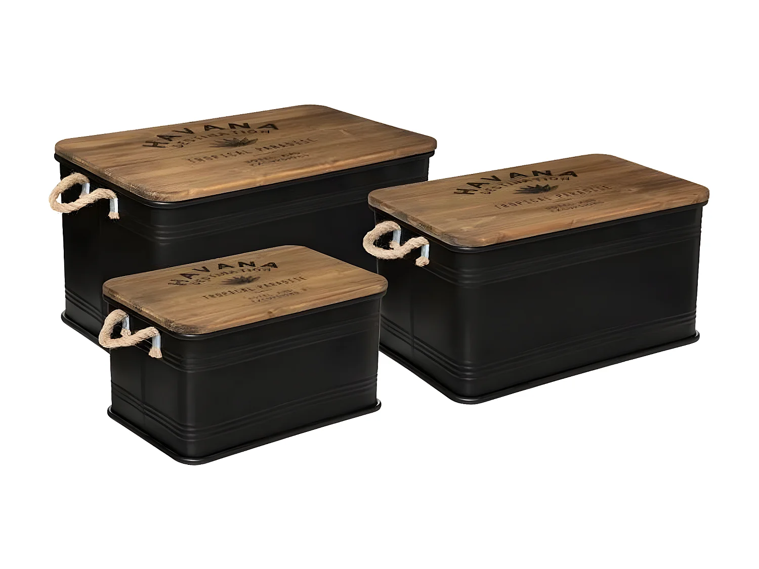 Lot de 3 malles de rangement en bois / métal coloris noir