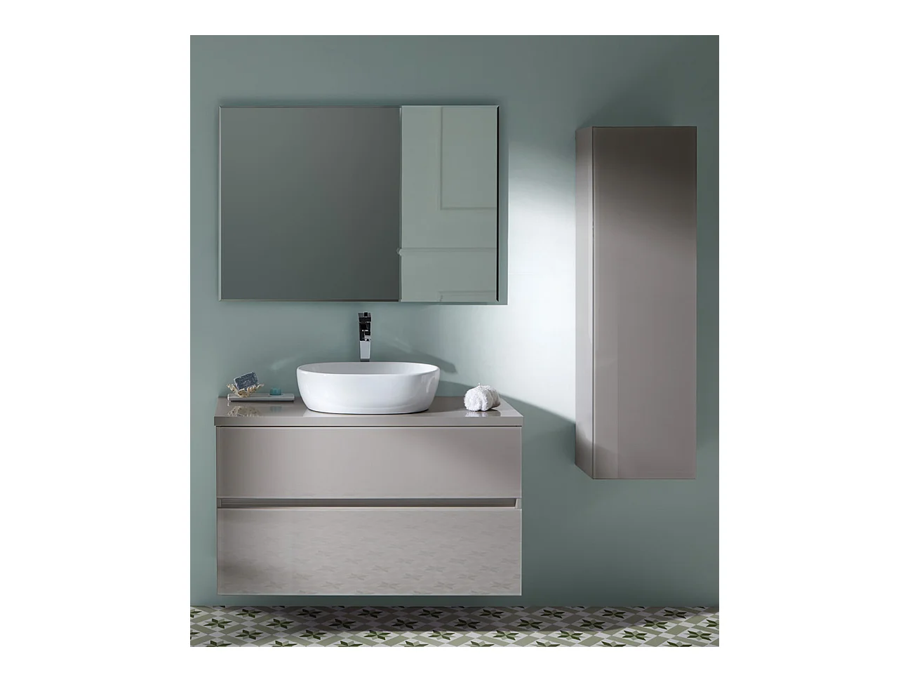 Ensemble de salle de bain coloris taupe avec vasque à poser + miroir + colonne - Longueur meuble 100 x Profondeur 46 x Hauteur 56 cm