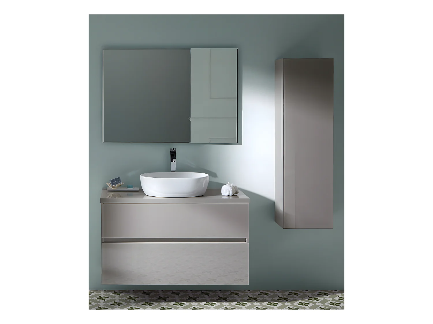 Ensemble de salle de bain coloris taupe avec vasque à poser + miroir + colonne - Longueur meuble 100 x Profondeur 46 x Hauteur 56 cm