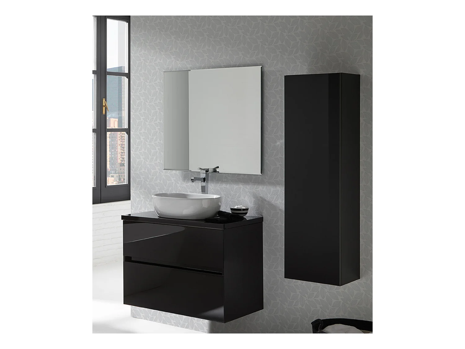 Ensemble de salle de bain coloris noir avec vasque à poser + miroir + colonne - Longueur meuble 60 x Profondeur 46 x Hauteur 56 cm