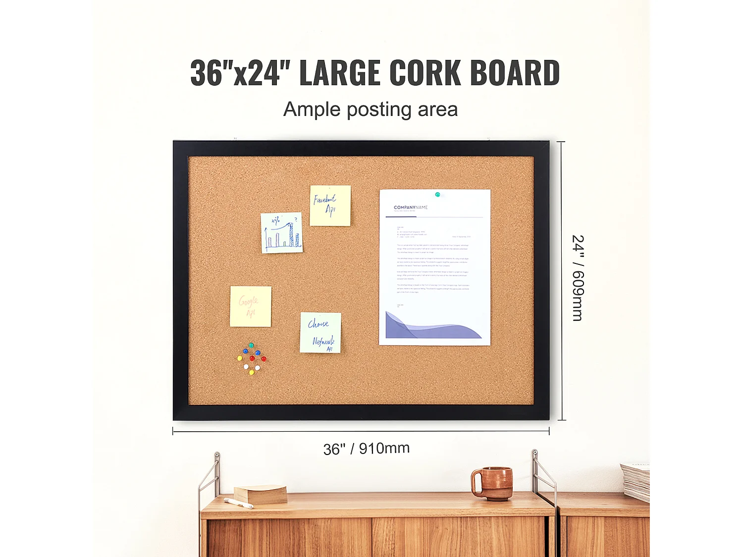 Tableau en Liège, SucceBuy Tableau d'Affichage en Liège, Cadre MDF 91 × 61 cm, Fixation Murale