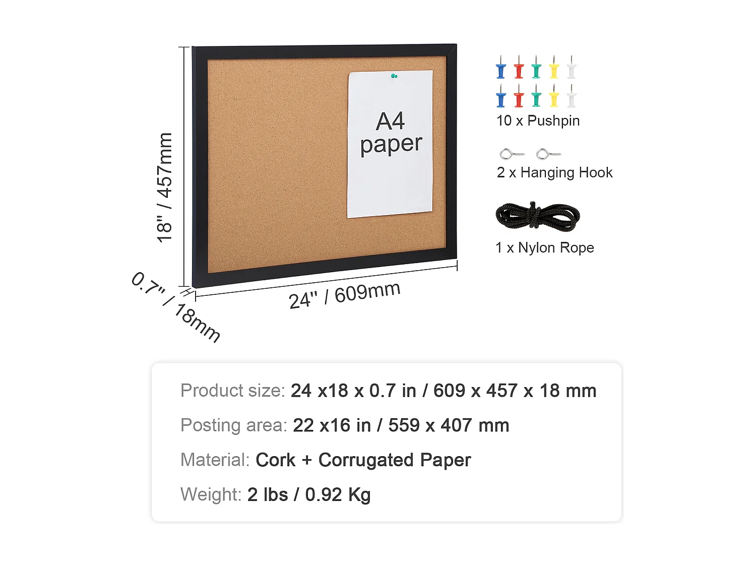 Tableau en Liège, SucceBuy Tableau d'Affichage en Liège 61 × 46 cm, Cadre en MDF, Organiseur Mural