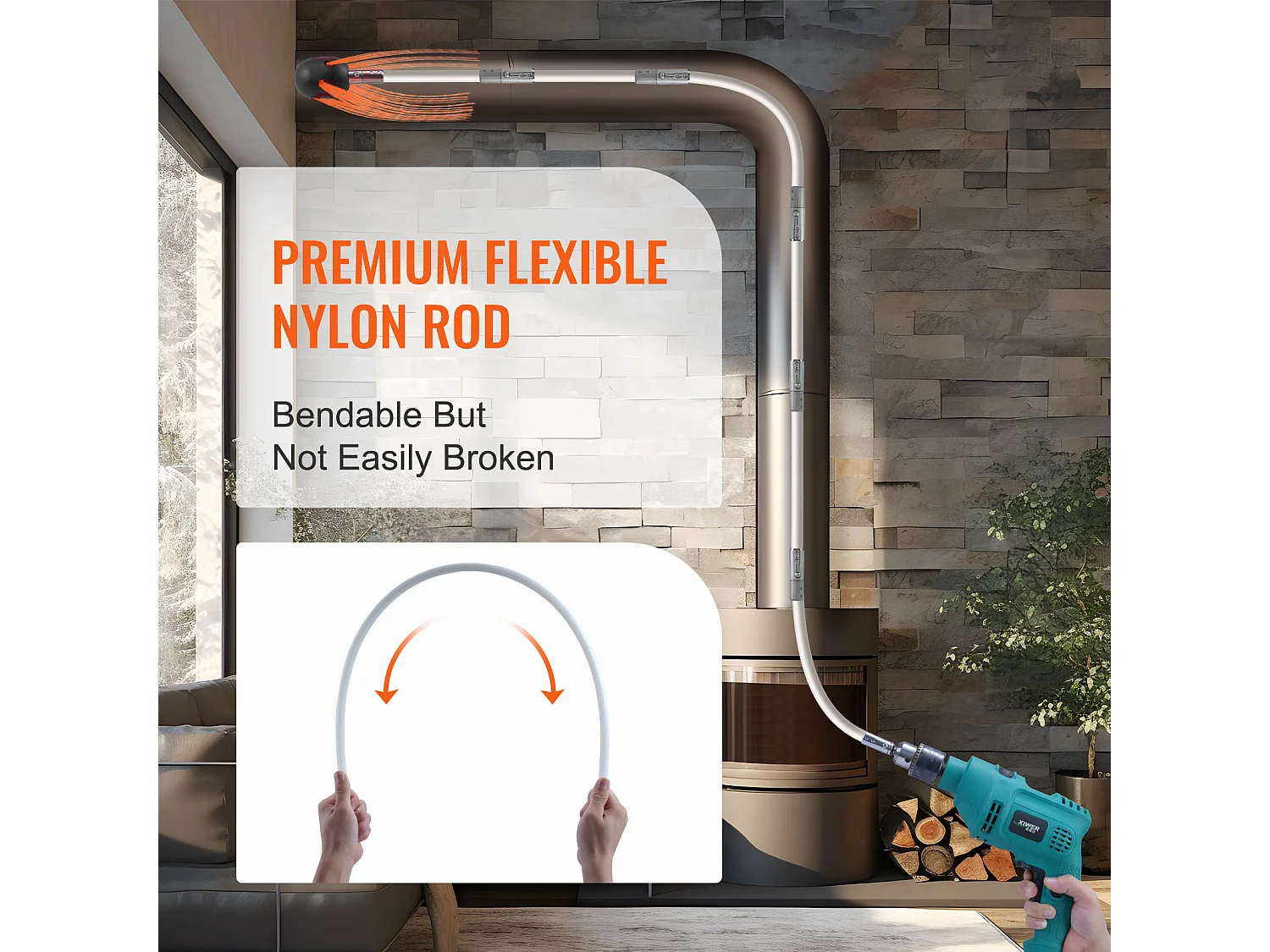 Brosse de Cheminée Kit SucceBuy, 76 cm, Brosse Rotative, 9 Tiges en Nylon