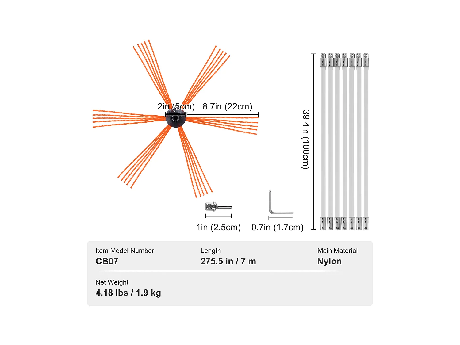 Brosse de Cheminée Kit SucceBuy, 58 cm, Brosse Rotative, 7 Tiges en Nylon, Convient aux Tuyaux