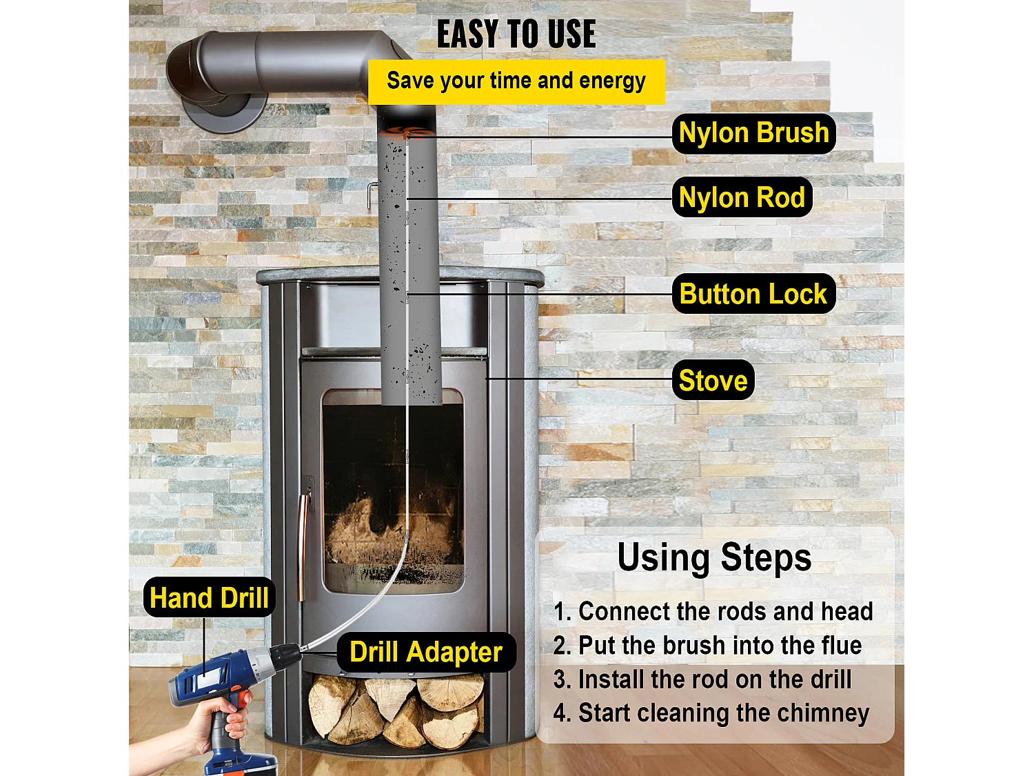 Kit Escobilla de Chimenea SucceBuy, 99 cm, Varillas de Limpieza Flexibles