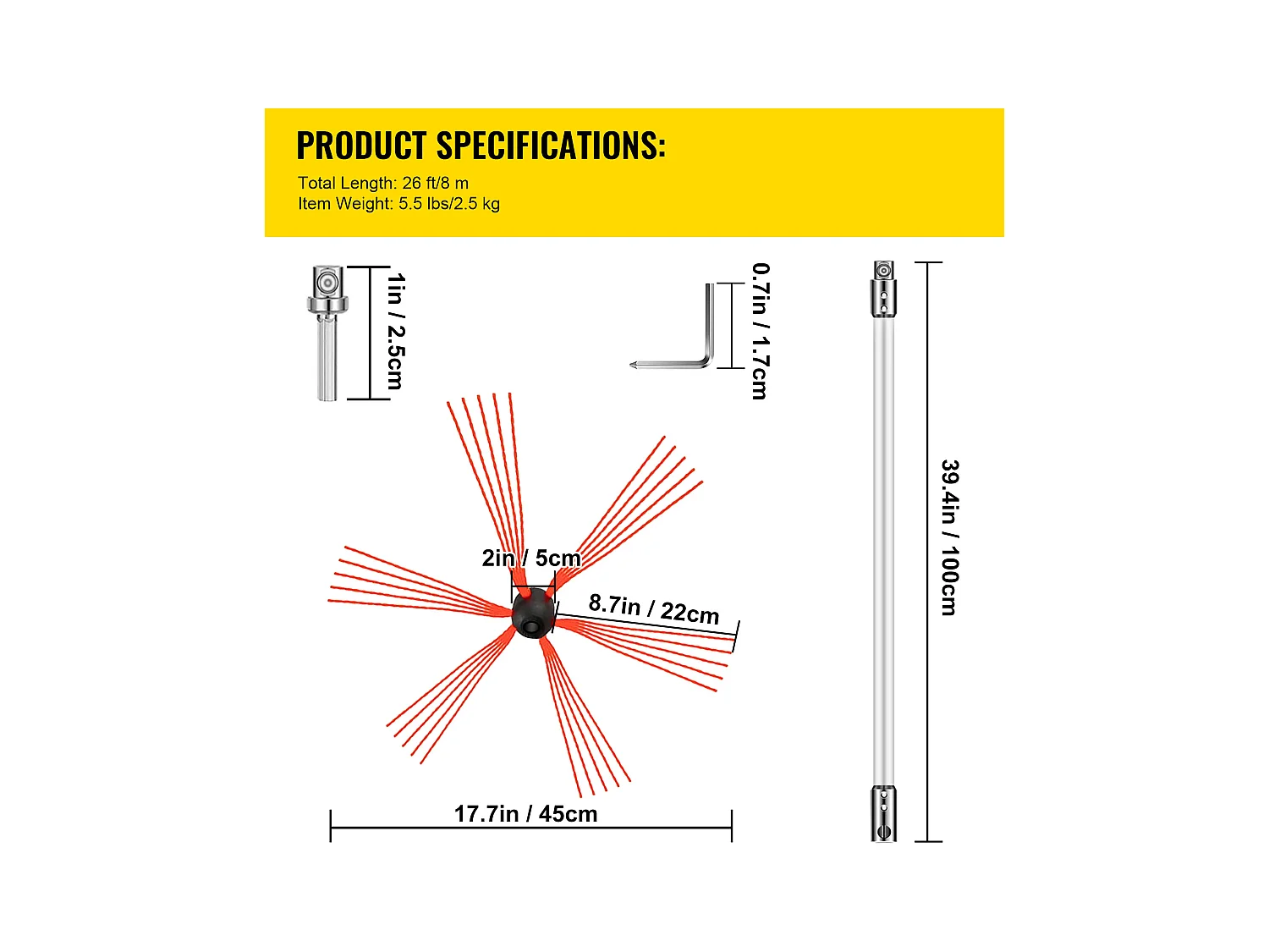Brosse de Cheminée Kit SucceBuy, 66 cm, avec 8 Tiges en Nylon, Brosse Flexibles