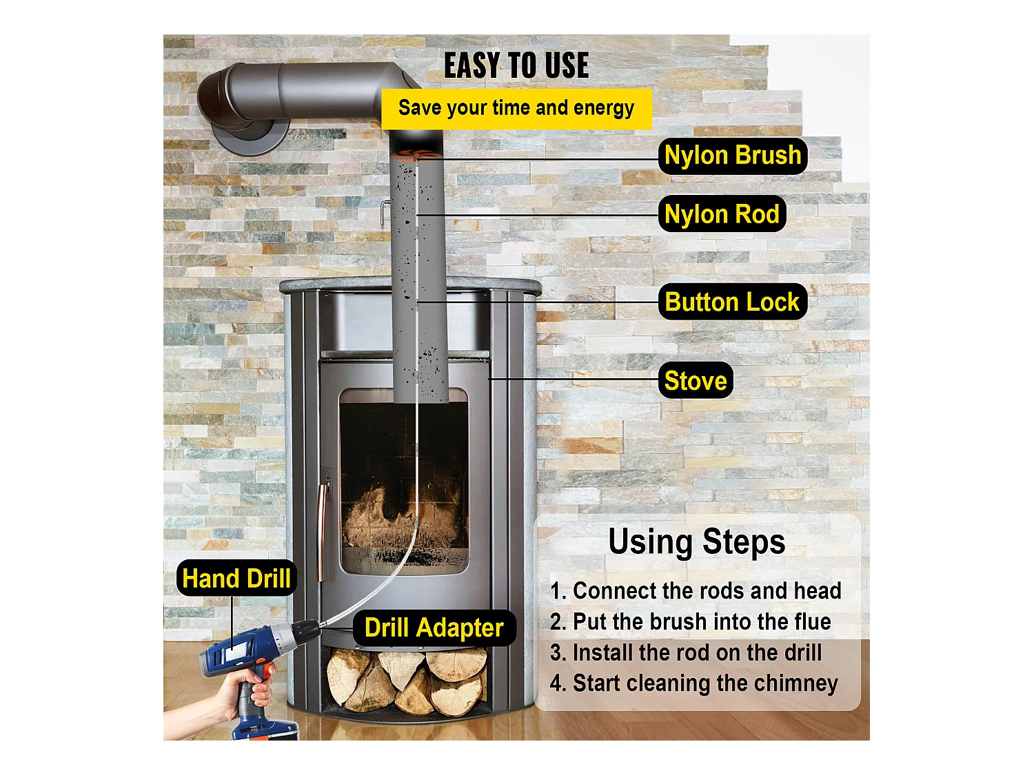 Brosse de Cheminée Kit  SucceBuy, 76 cm, Kit de Nettoyage pour Mangeoire à Suie