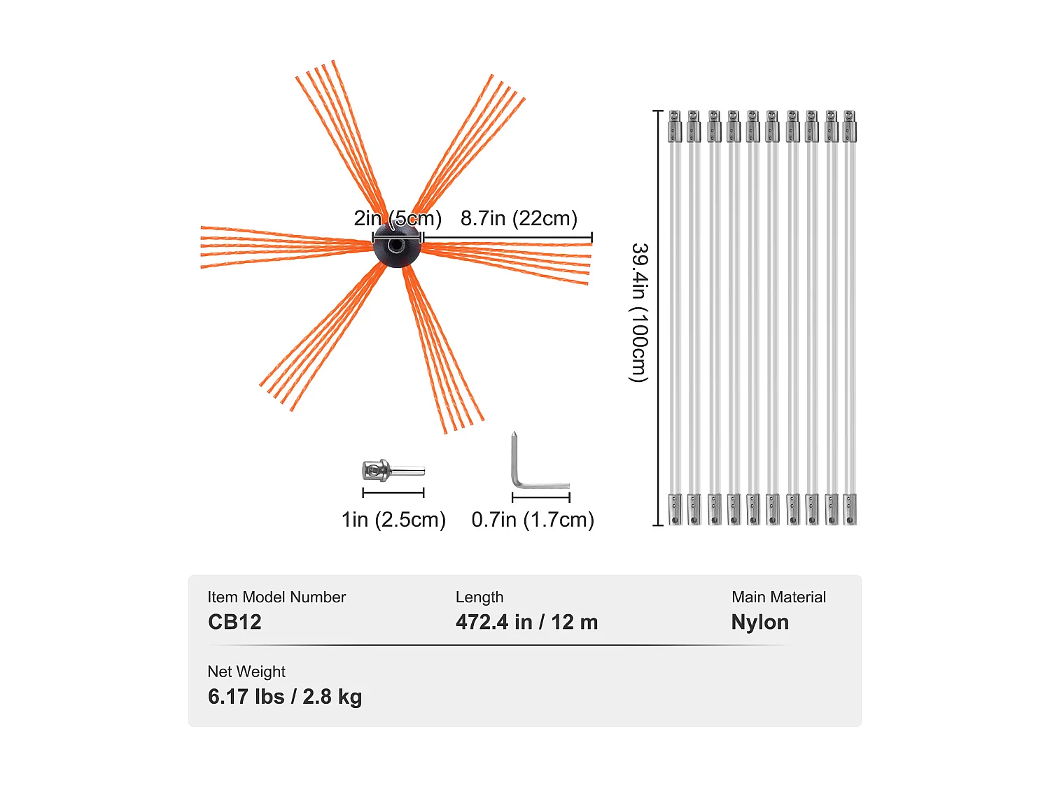Kit Scopa per Camino SucceBuy, 99 cm, Scopa Rotativa, 12 Manici di Nylon, Adatta per Tubi