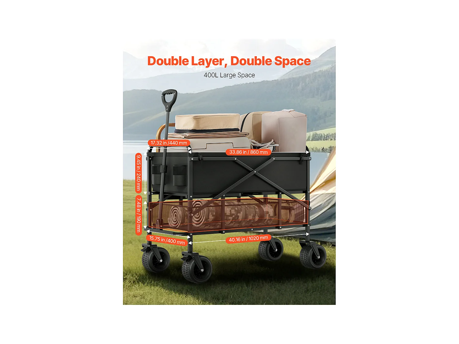 Chariot Pliable SucceBuy Chariot Pliable à Deux Étages - Capacité de 300 L 204.11 kg - Chariot Pliable Robuste et Extensible pour une Utilisation Polyvalente