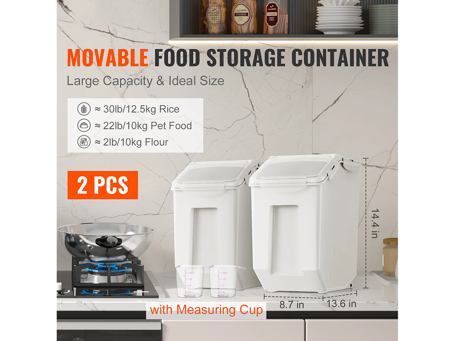 Behälter SucceBuy Set von 2 mobilen Zutatenbehältern von 15 L, Lagerbehältnis mit geneigtem Deckel, Weiß