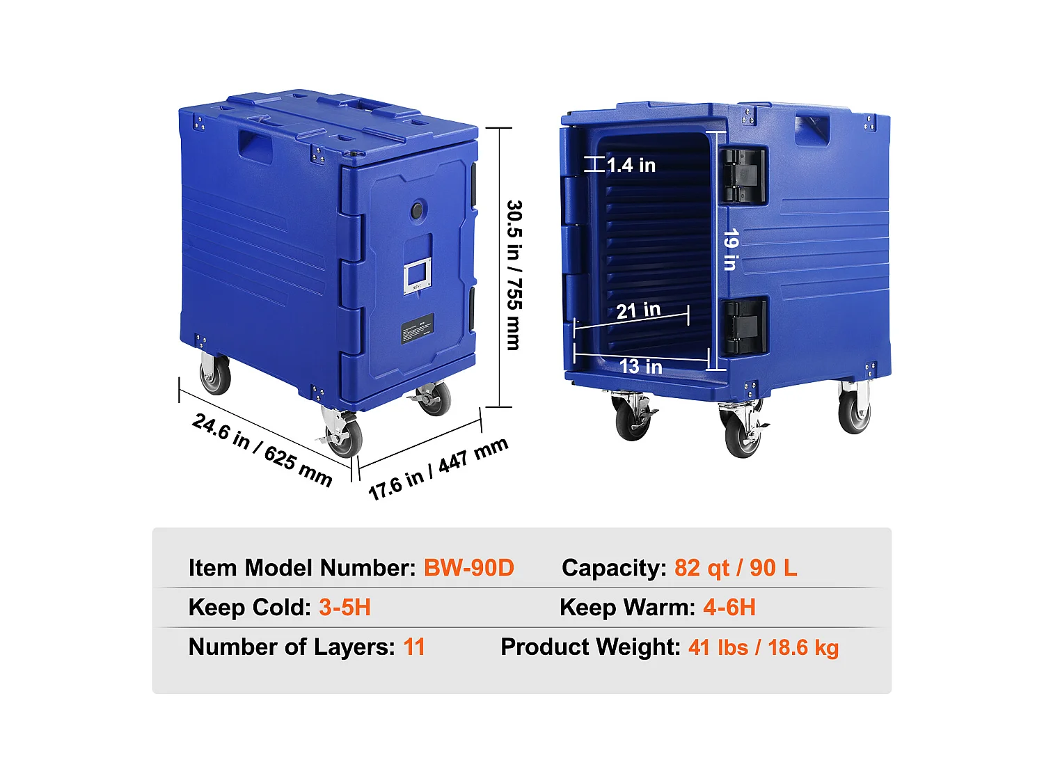 Porte-bac Isotherme pour Aliments SucceBuy, 90 Litres, Chargement Frontal avec Roulettes Bleu