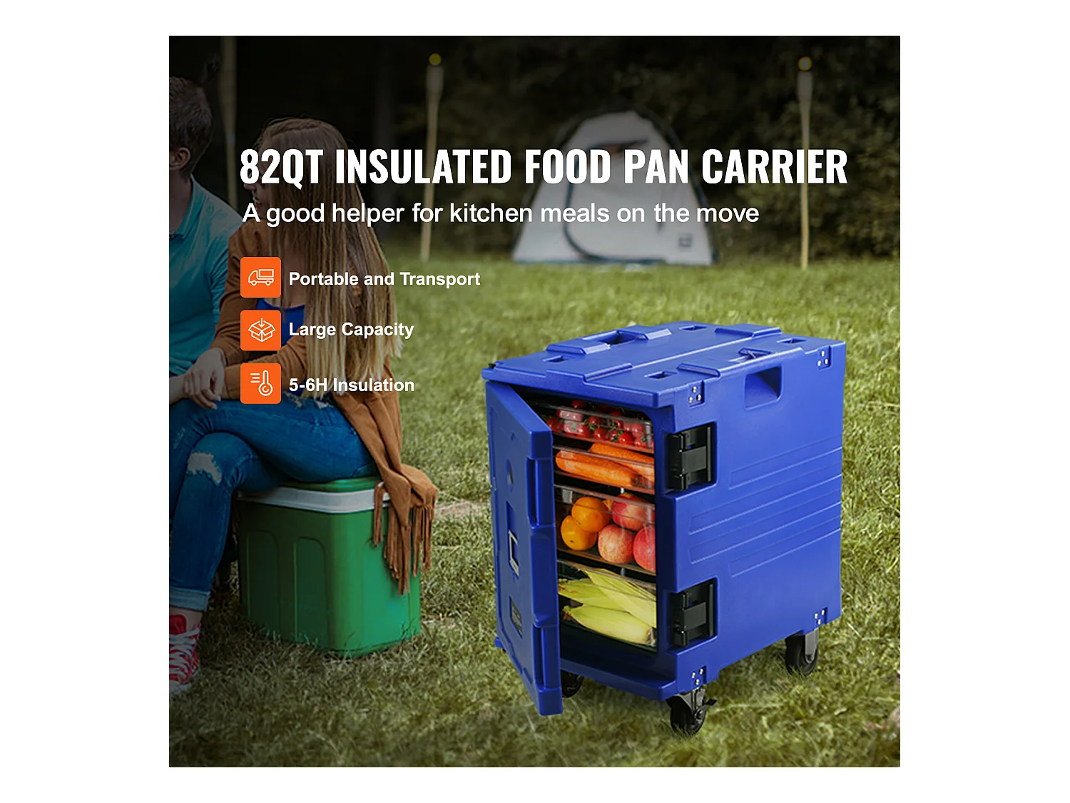 Porte-bac Isotherme pour Aliments SucceBuy, 90 Litres, Chargement Frontal avec Roulettes Bleu