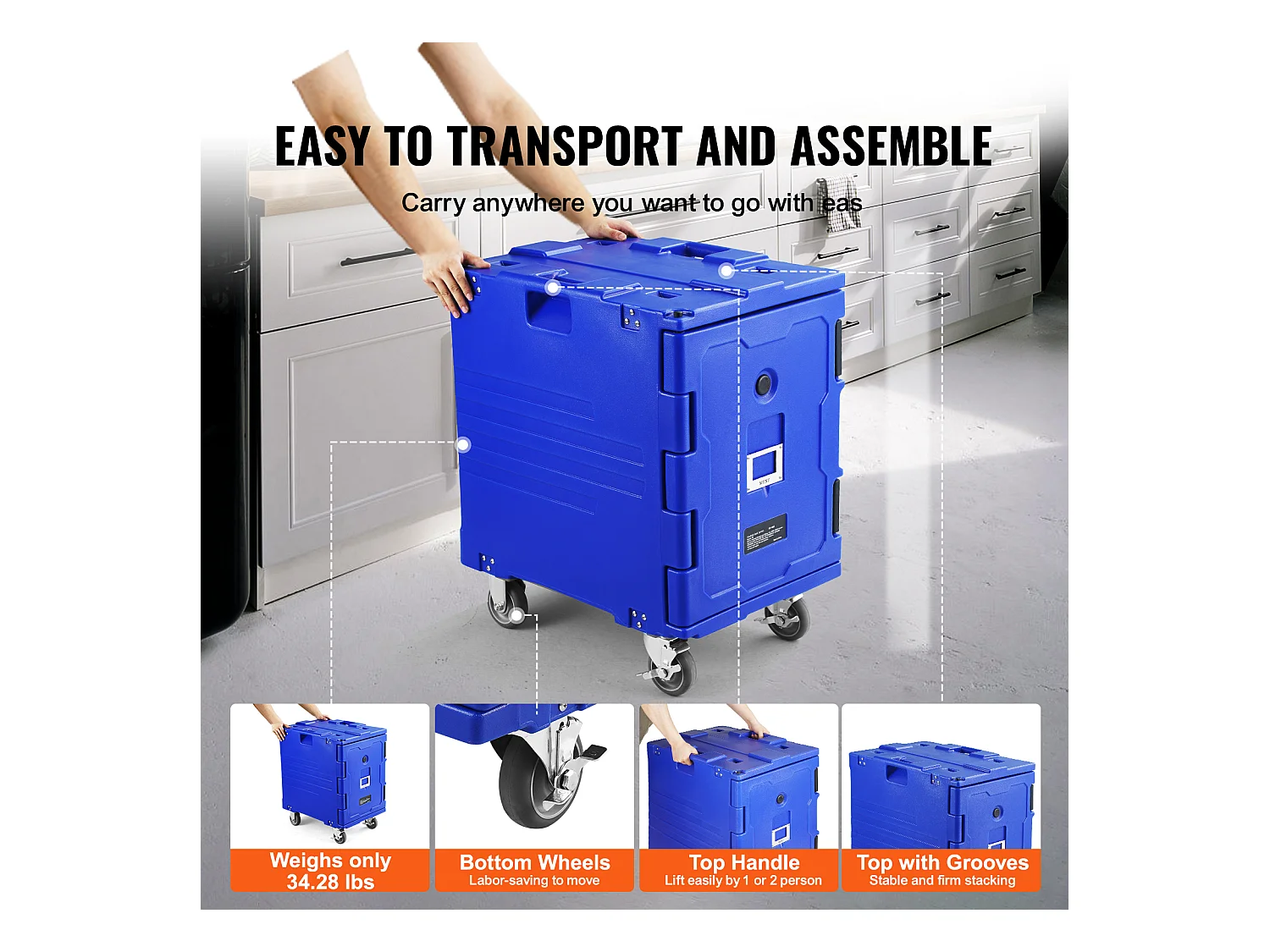 Porte-bac Isotherme pour Aliments SucceBuy, 90 Litres, Chargement Frontal avec Roulettes Bleu