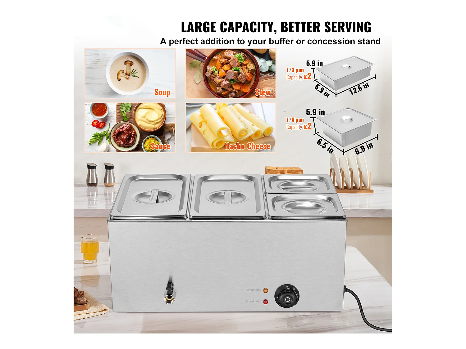 Chauffe-Plats Électrique SucceBuy pour Buffet à 4 Plaques Commercial 15.5 L Bain Marie pour Comptoir