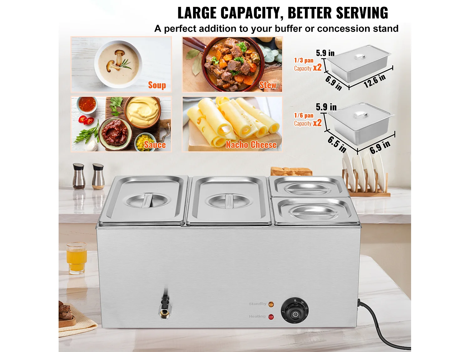 Chauffe-Plats Électrique SucceBuy pour Buffet à 4 Plaques Commercial 15.5 L Bain Marie pour Comptoir