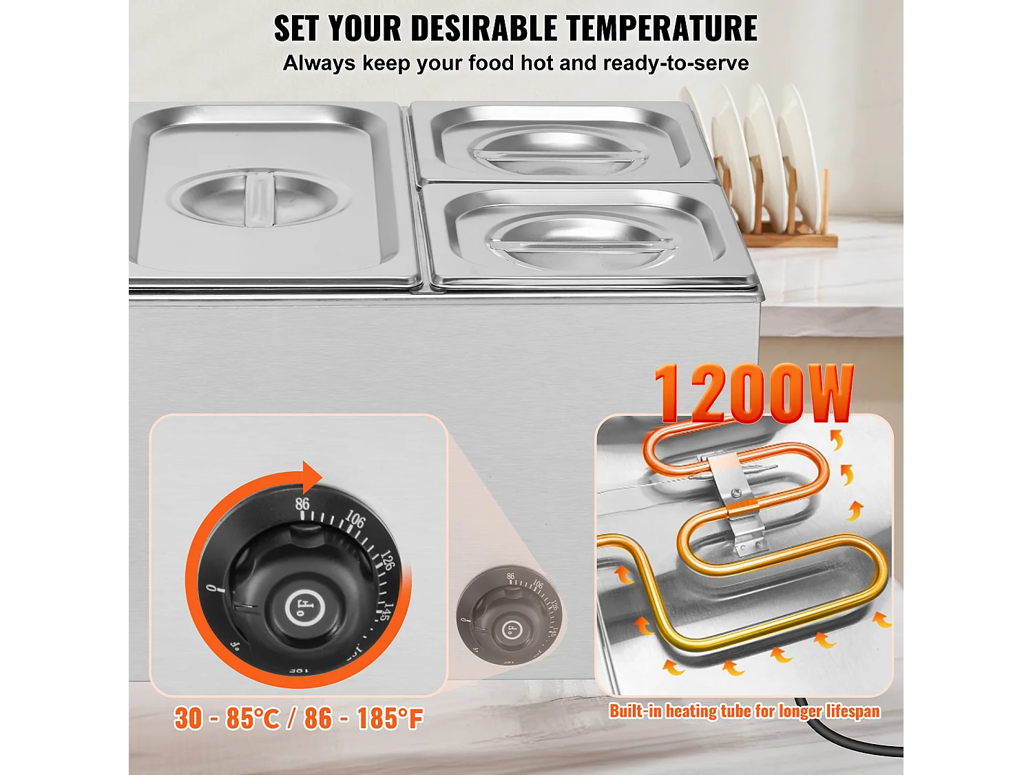 Chauffe-Plats Électrique SucceBuy pour Buffet à 4 Plaques Commercial 15.5 L Bain Marie pour Comptoir