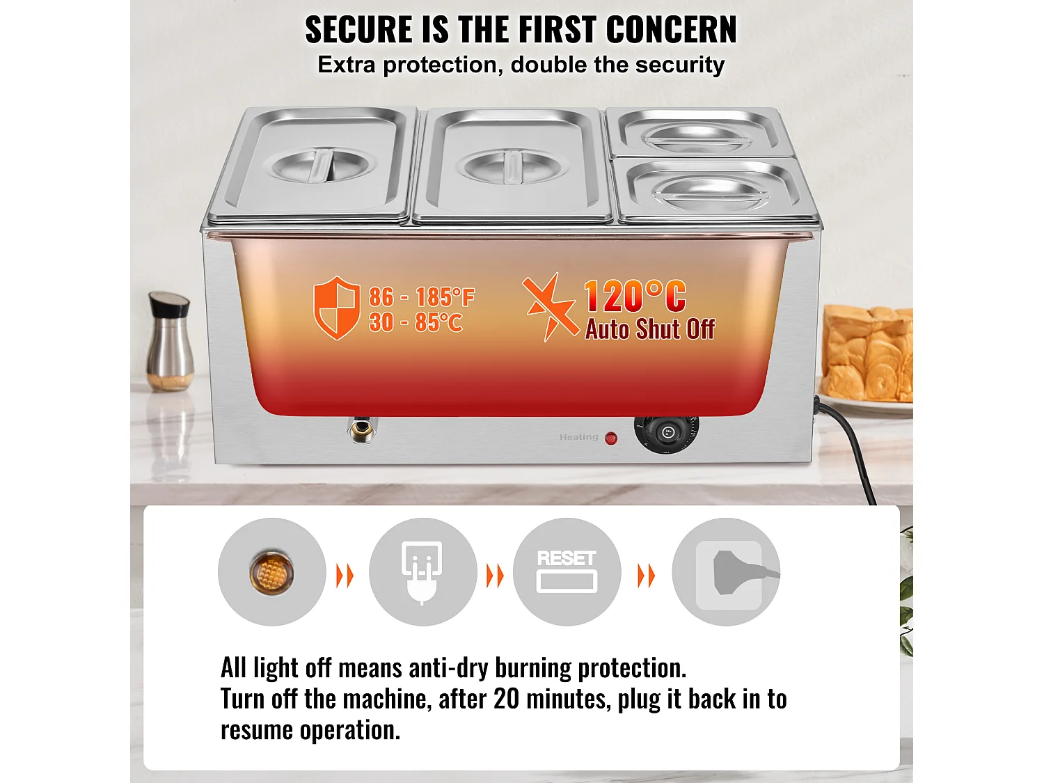 Chauffe-Plats Électrique SucceBuy pour Buffet à 4 Plaques Commercial 15.5 L Bain Marie pour Comptoir