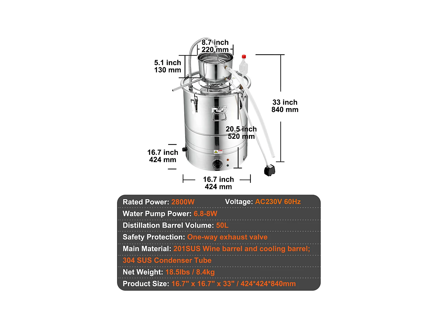 Distillatore di Alcool SucceBuy, 49 L, con Serbatoio Thumper e Pompa dell'Acqua, Distillazione Efficace per Casa e Artigianato