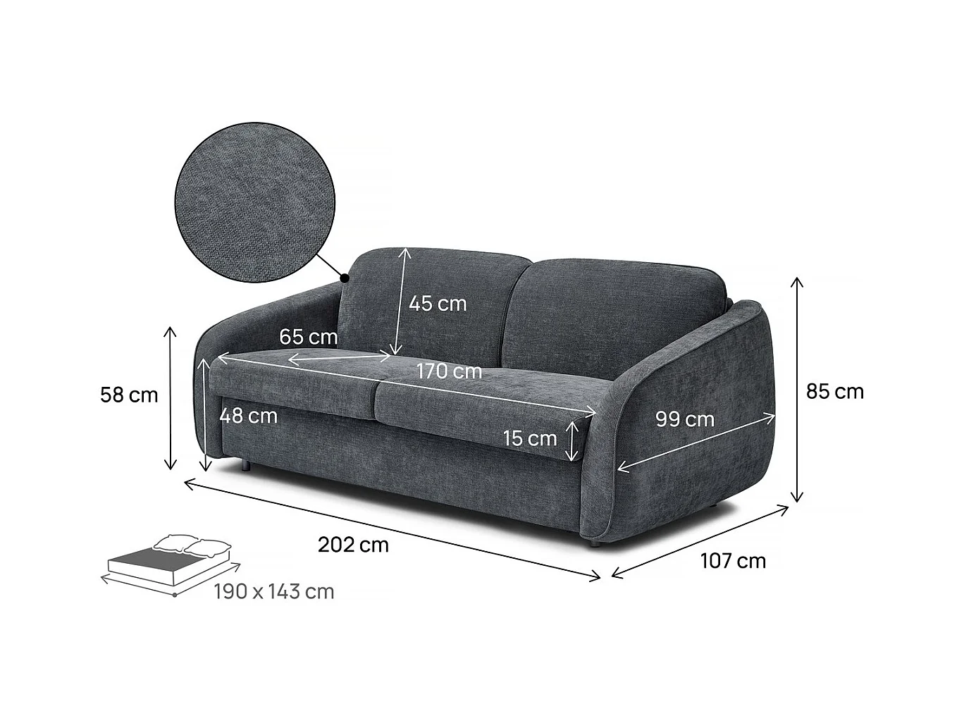 Canapé convertible express en tissu texturé "Laurie" - Couchage 140 cm -  3 places - Gris