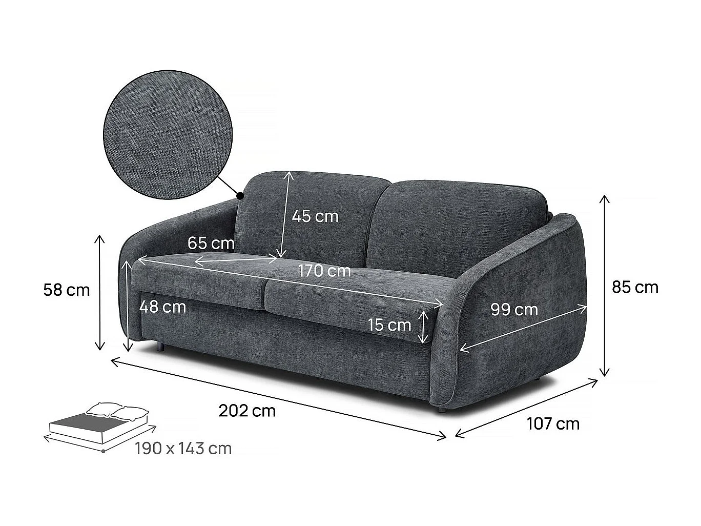 Canapé convertible express en tissu texturé "Laurie" - Couchage 140 cm -  3 places - Gris