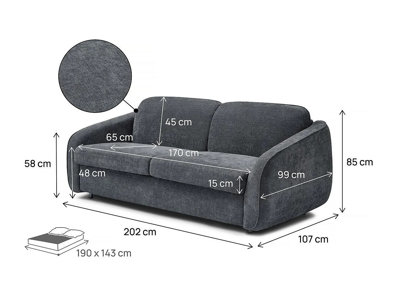 Canapé convertible express en tissu texturé "Laurie" - Couchage 140 cm -  3 places - Gris
