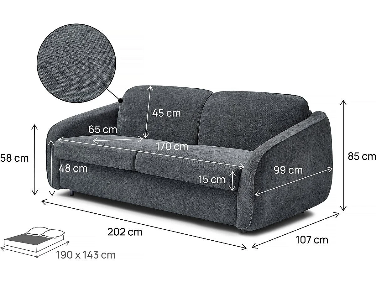 Sofa rozkładana "Laurie" express w tkaninie teksturowanej - łóżko 140 cm - 3 miejsca - szara
