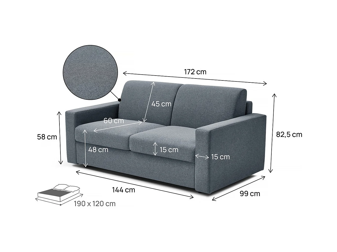 Divano trasformabile in tessuto express "Diana" - letto 120 cm - 2 posti - Grigio
