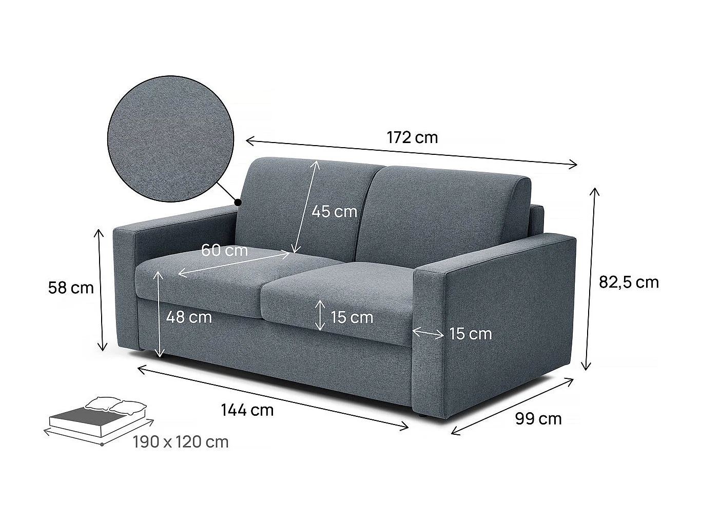 Canapé convertible express en tissu "Diana" - Couchage 120 cm - 2 places - Gris