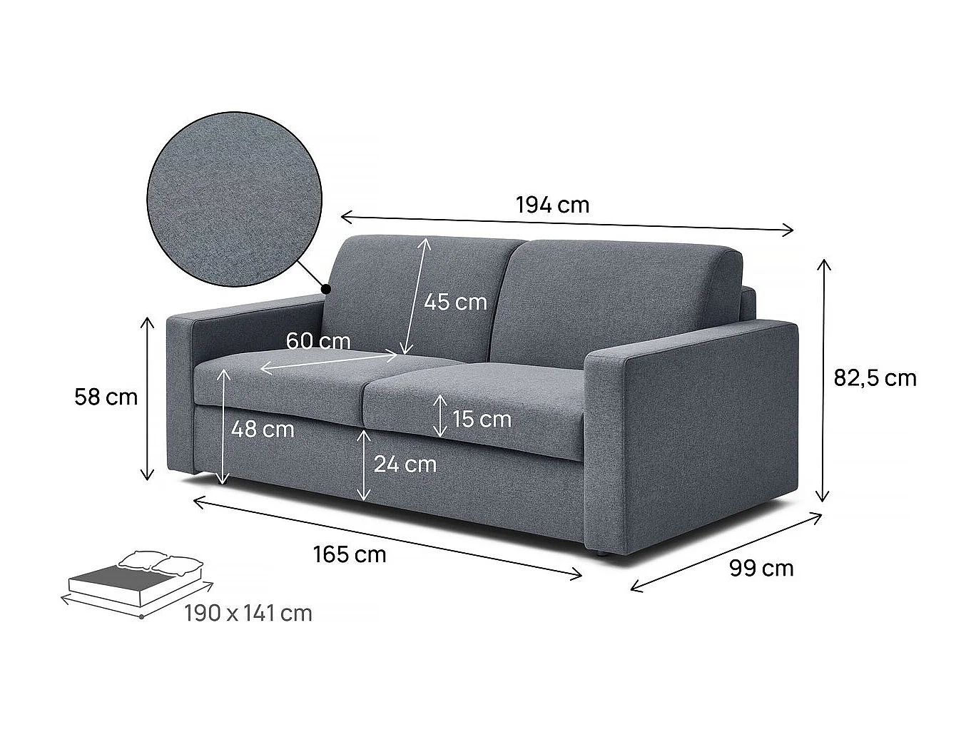 "Diana" express omvormbare stoffen bank - 140 cm bed - 3 plaatsen - Grijs