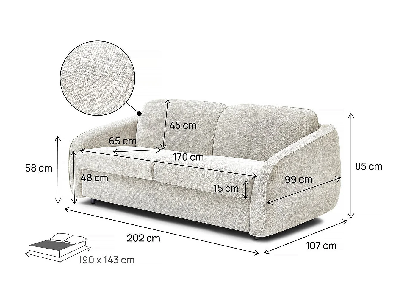 Divano trasformabile express "Laurie" in tessuto testurizzato - letto 140 cm - 3 posti - Beige
