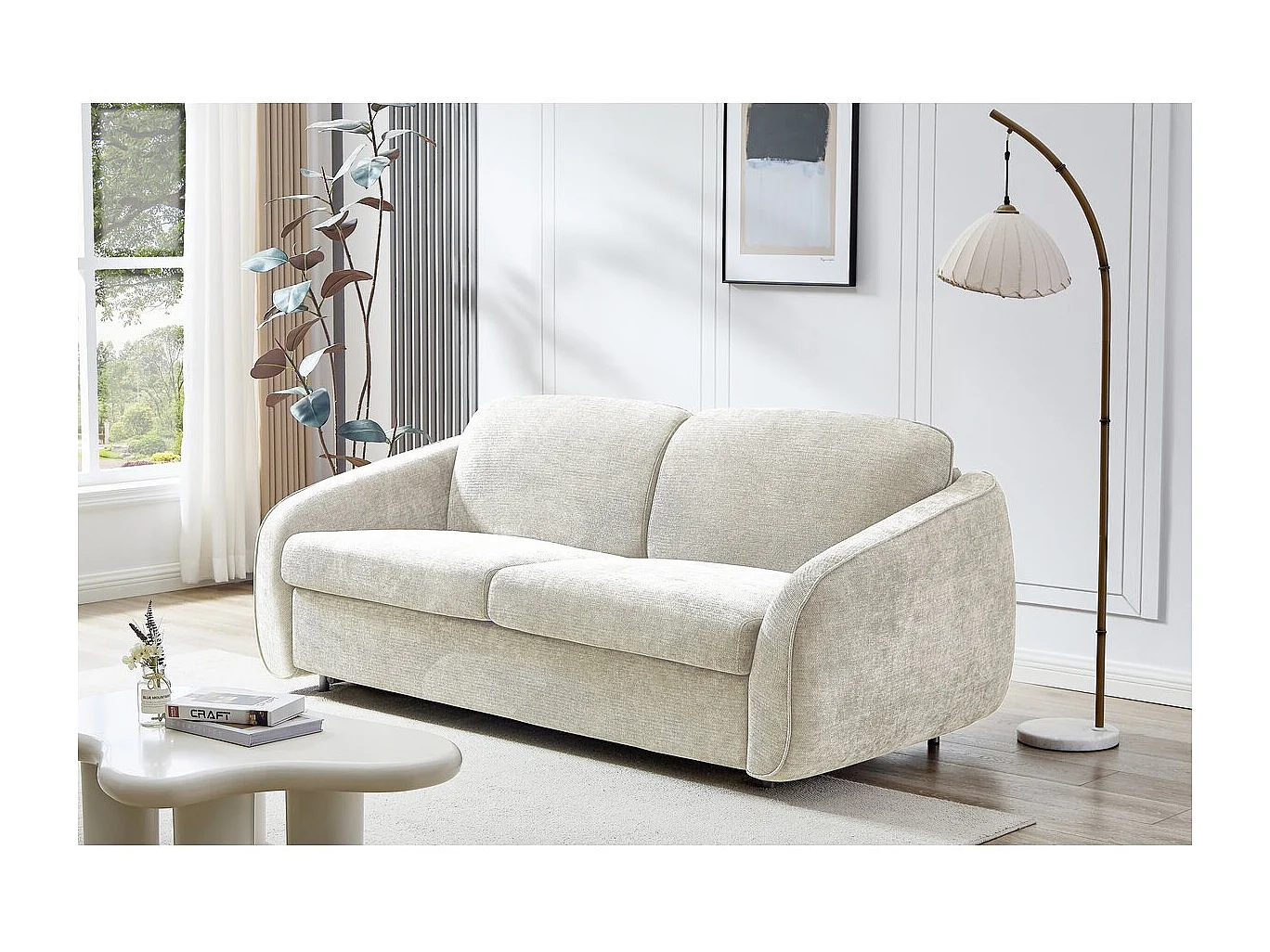 Canapé convertible express en tissu texturé "Laurie" - Couchage 140 cm -  3 places - Beige