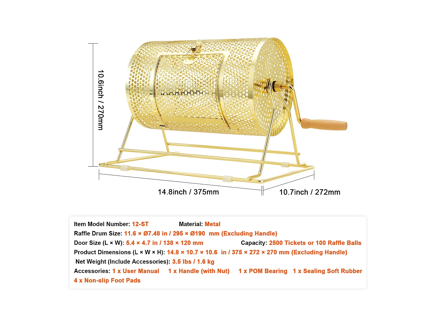 Tambour de Tombola, SucceBuy Tambour de Tombola en Laiton Plaqué, Peut Contenir 2,500 Billets/100 Boules de Bingo