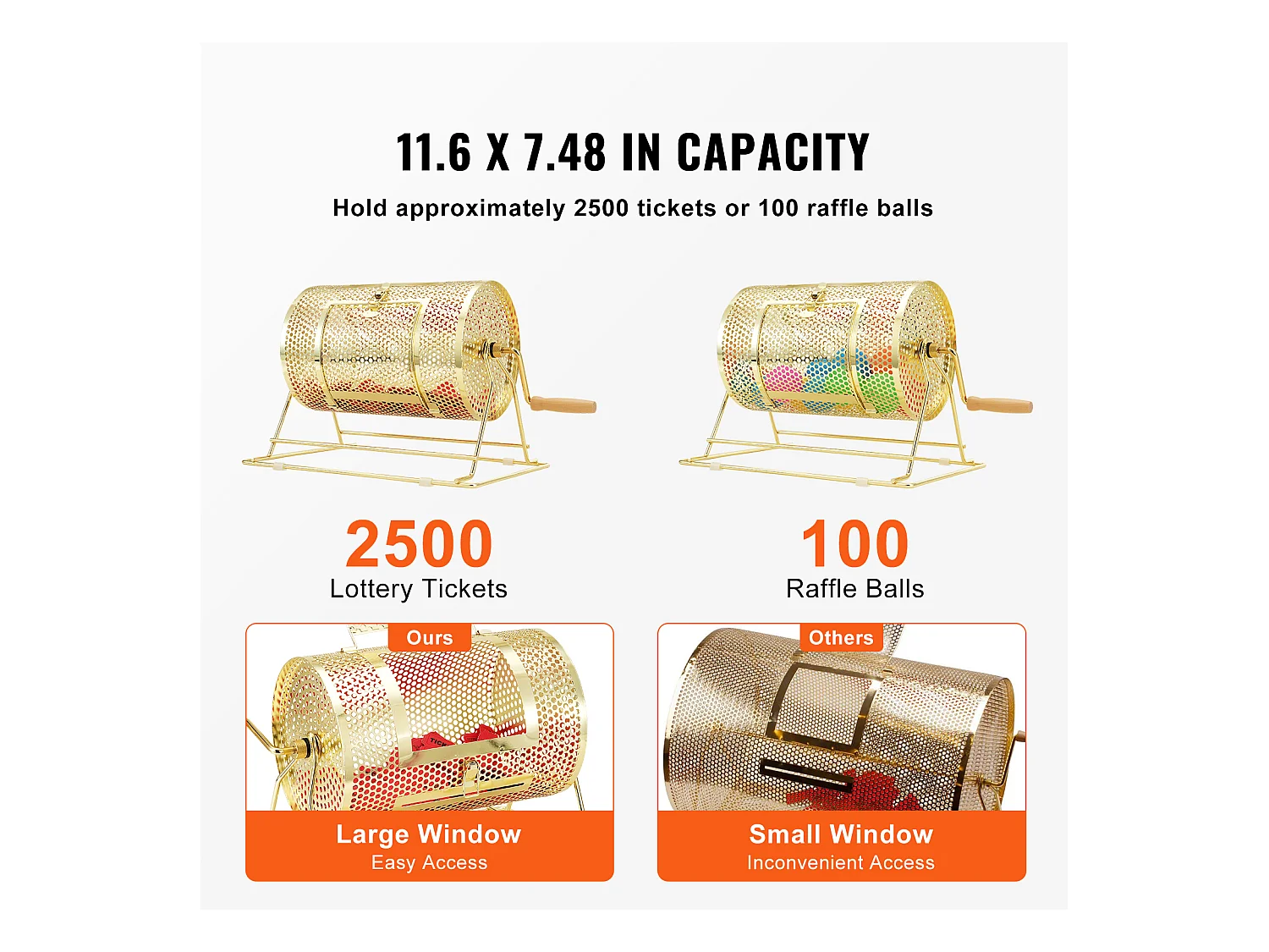 Tambour de Tombola, SucceBuy Tambour de Tombola en Laiton Plaqué, Peut Contenir 2,500 Billets/100 Boules de Bingo