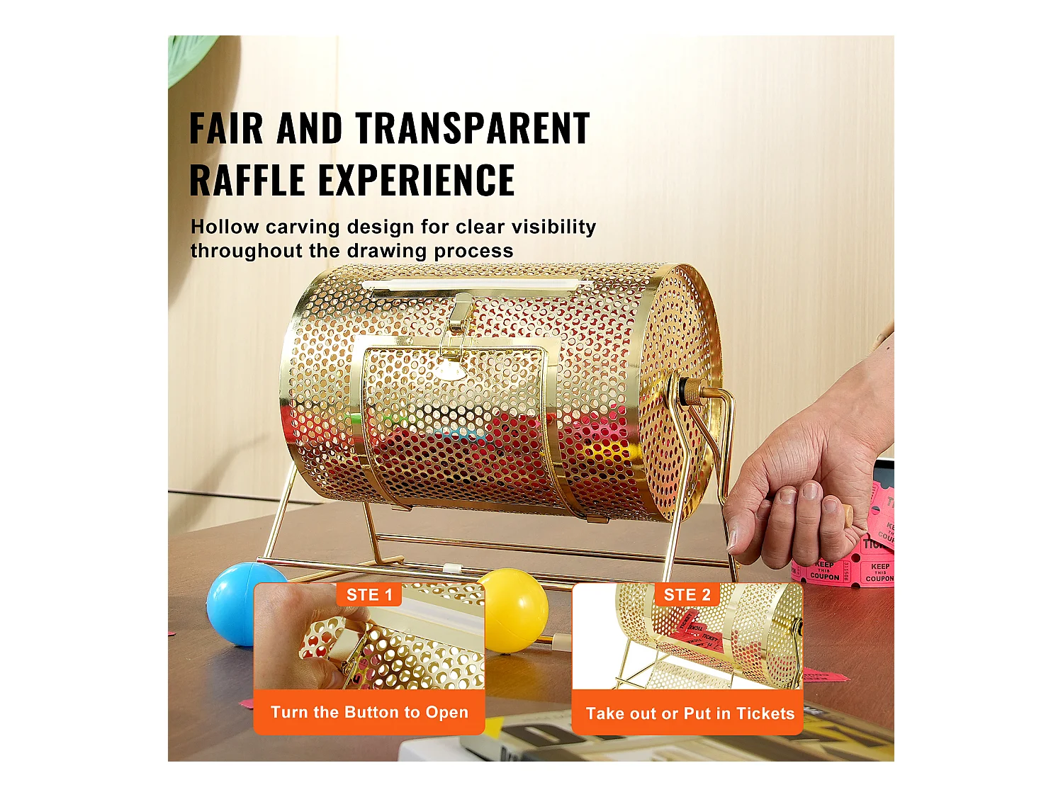 Tombola-Trommel, SucceBuy Tombola-Trommel aus Messing Beschichtet, Kann 2,500 Lose/100 Bingo-Kugeln Enthalten