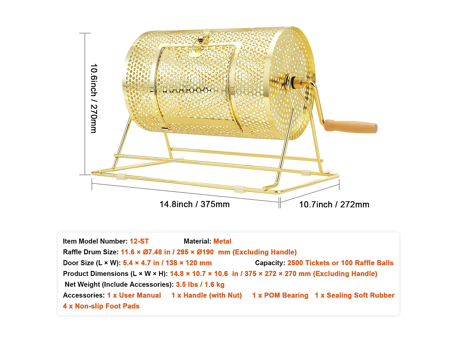 Tamburo di Tombola, SucceBuy Tamburo di Tombola in Ottone Placcato, Può Contenere 2,500 Biglietti/100 Palline da Bingo