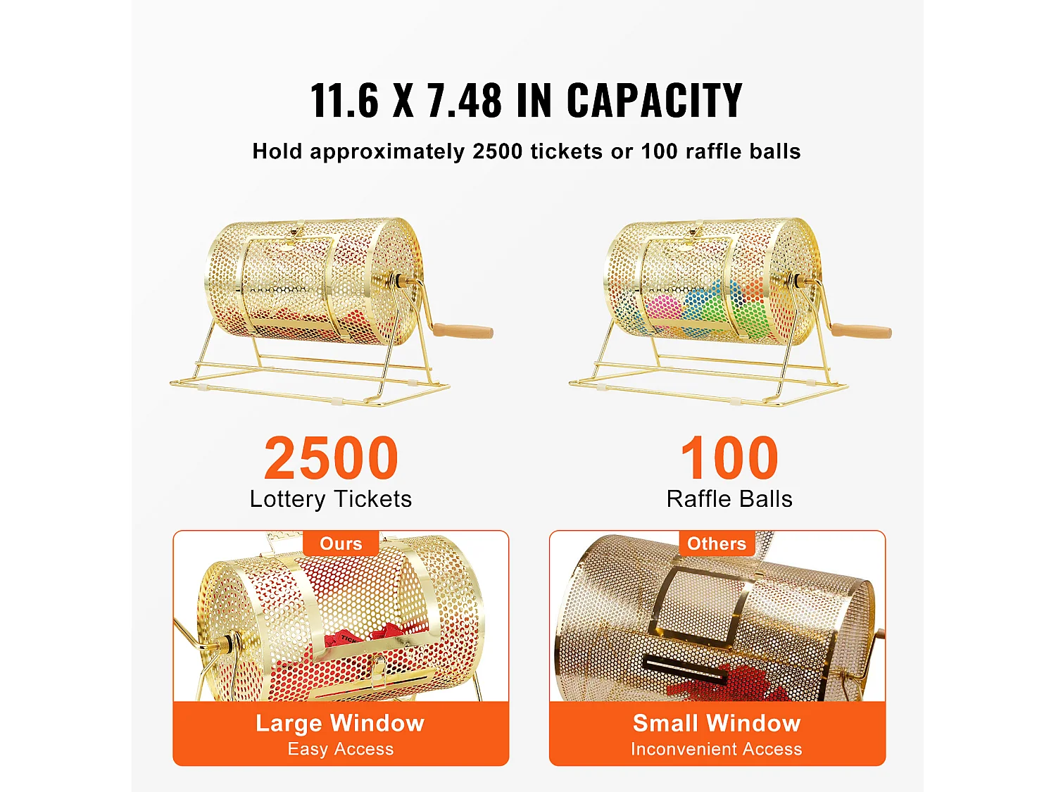 Tamburo di Tombola, SucceBuy Tamburo di Tombola in Ottone Placcato, Può Contenere 2,500 Biglietti/100 Palline da Bingo
