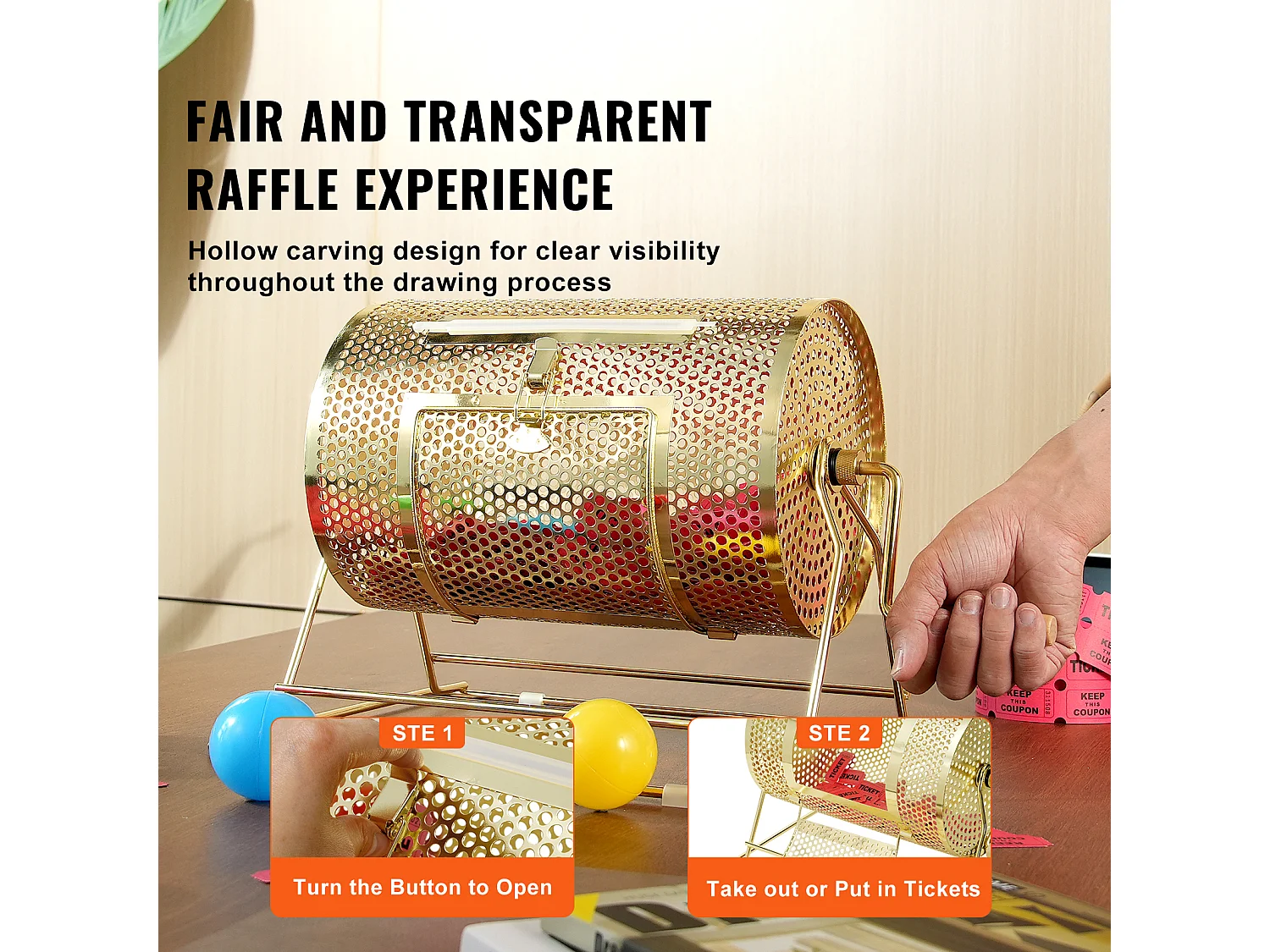 Tamburo di Tombola, SucceBuy Tamburo di Tombola in Ottone Placcato, Può Contenere 2,500 Biglietti/100 Palline da Bingo