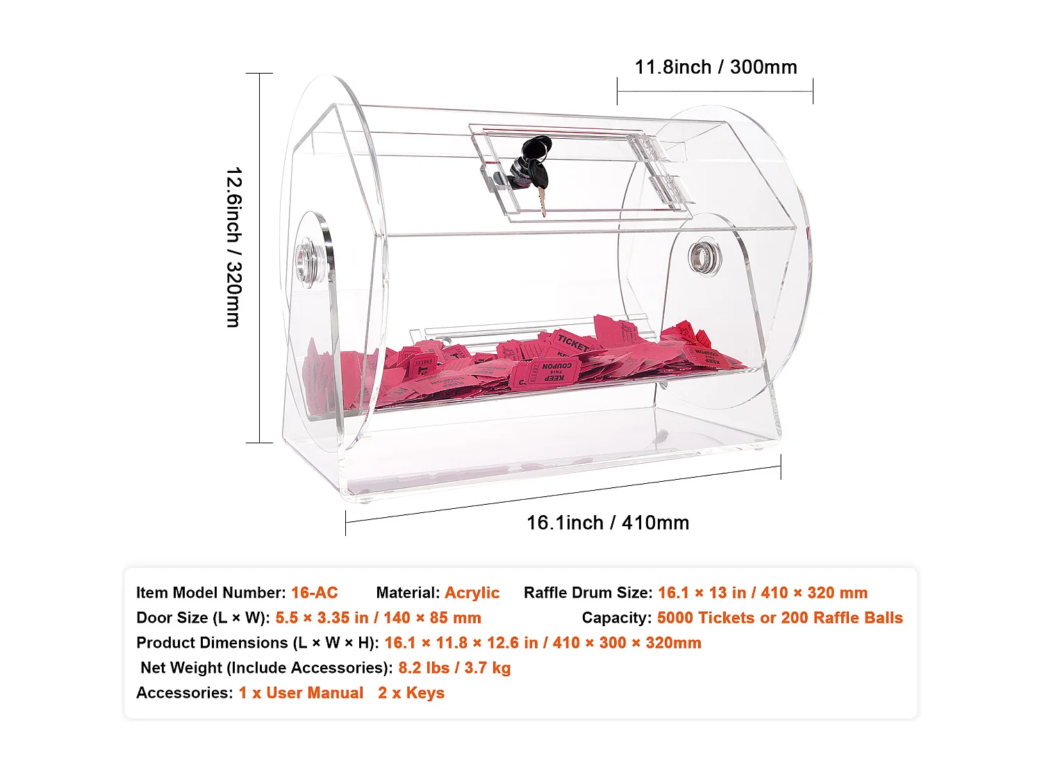 Tambour de Tombola, SucceBuy Tambour de Tombola en Acrylique, Peut Contenir 5,000 Billets/200 Boules de Bingo