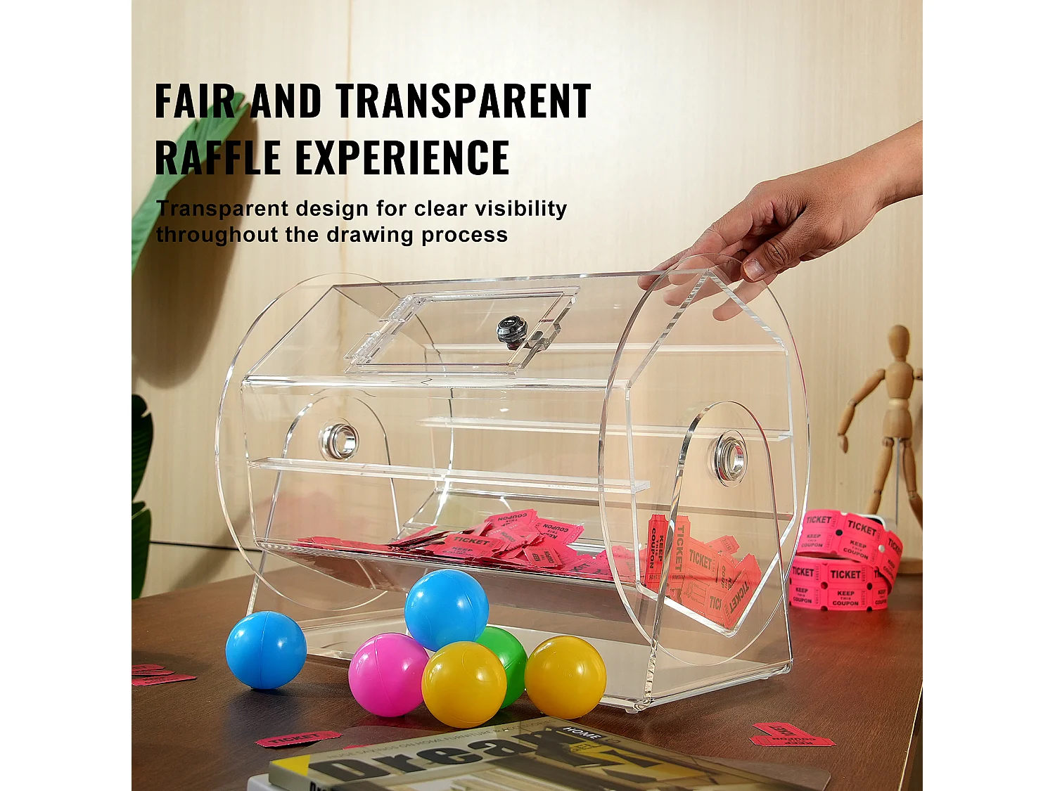 Tambour de Tombola, SucceBuy Tambour de Tombola en Acrylique, Peut Contenir 5,000 Billets/200 Boules de Bingo